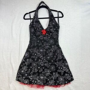 Ruby Rox XS Halterdress Floral Red Tulle Black Pinup Coquette WhimsyGoth Holiday